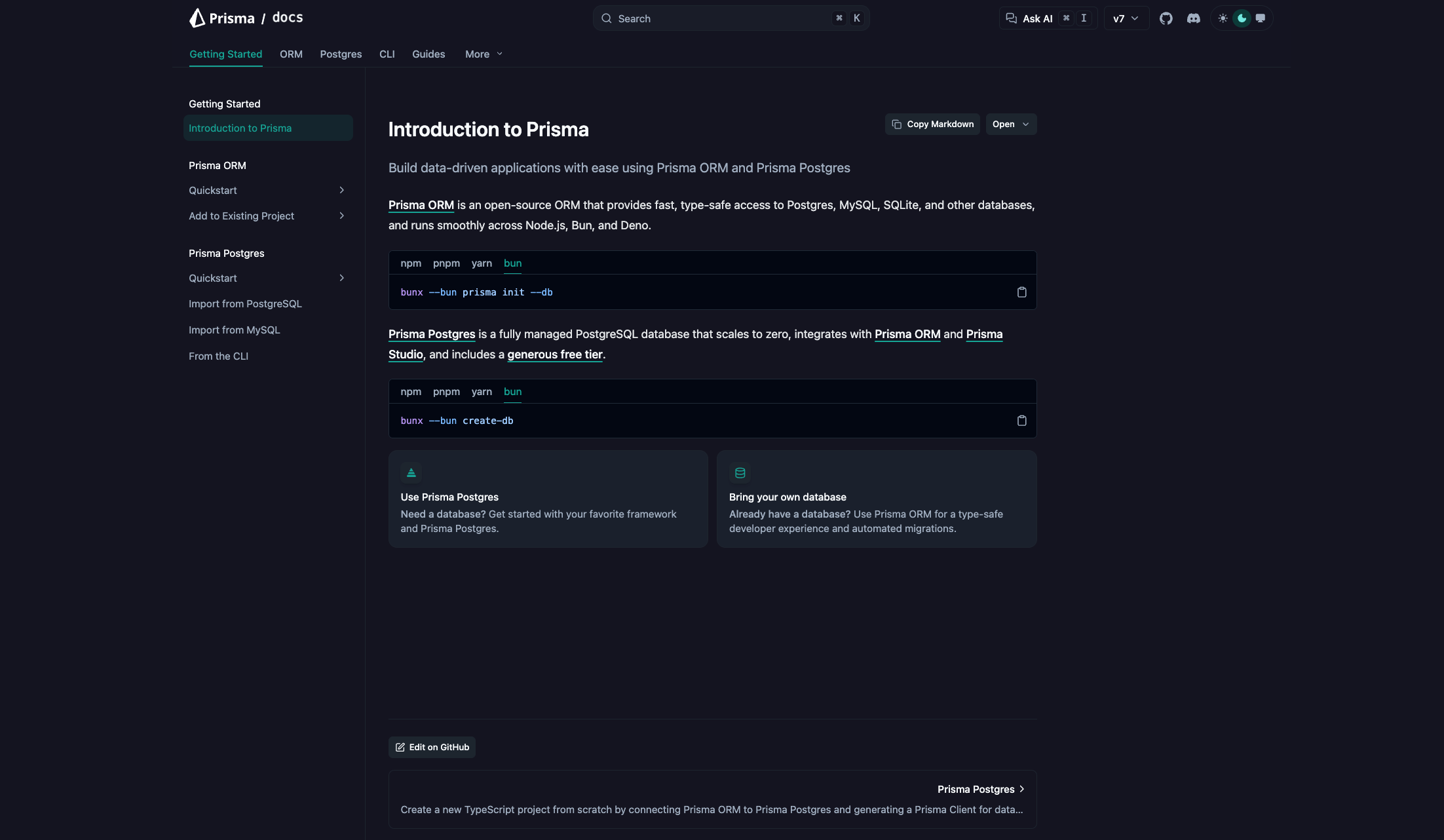 screenshot of the docs homepage