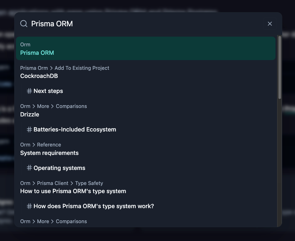 screenshot of the docs search