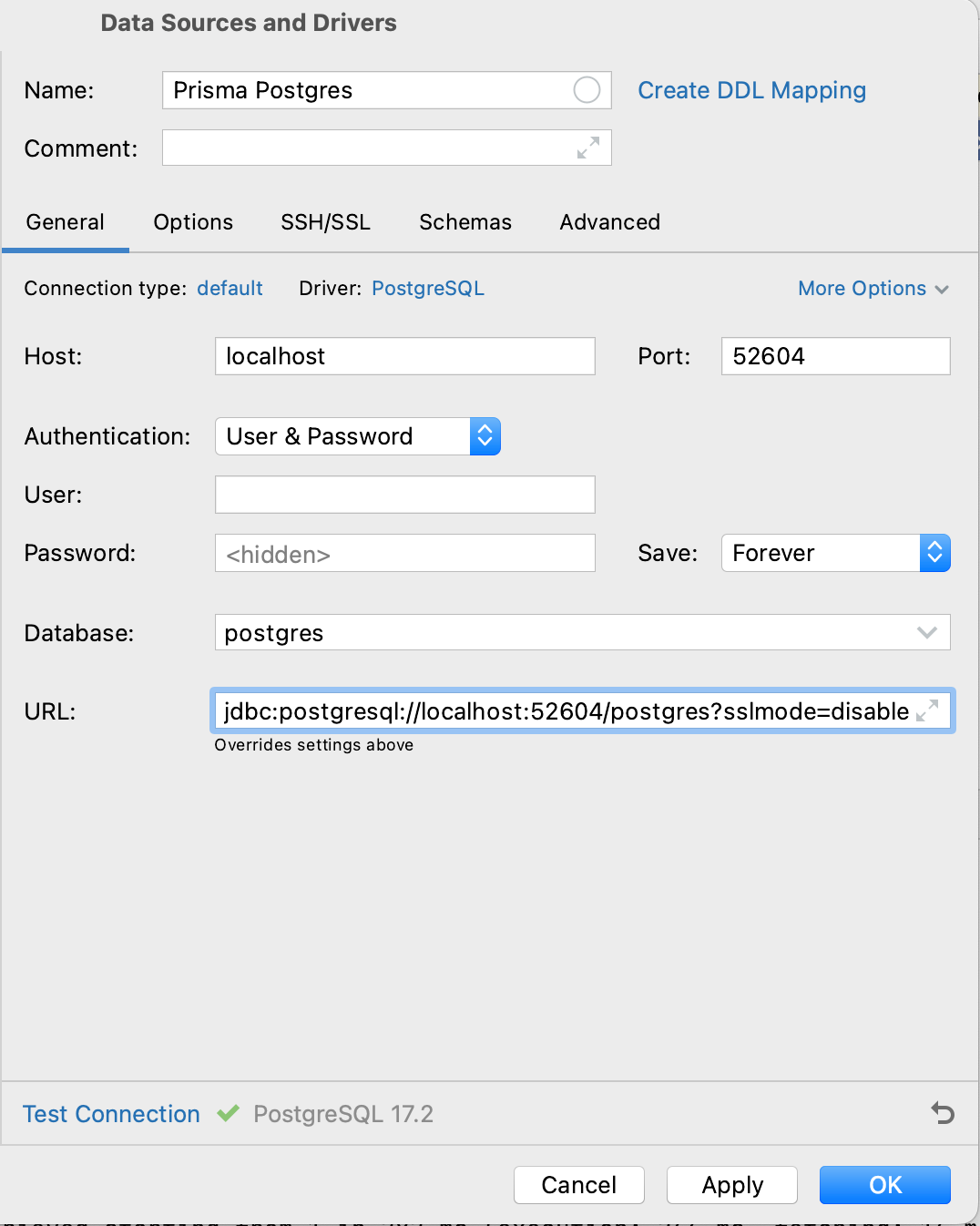 View of DataGrip connected to Prisma Postgres via tunnel