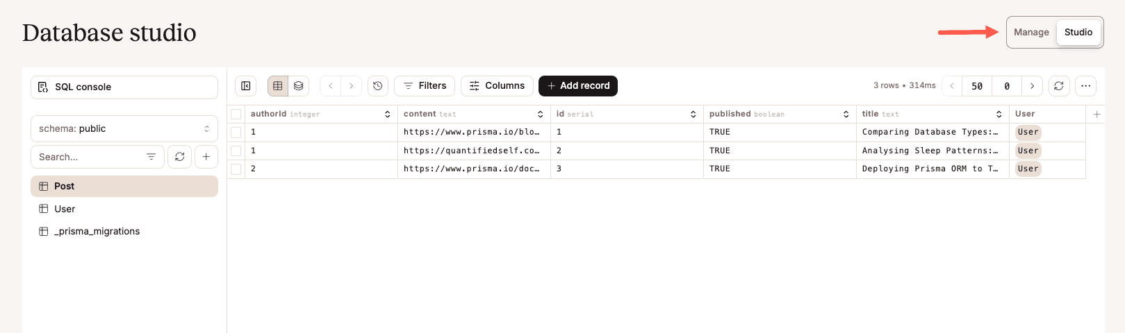 Sevalla database studio interface