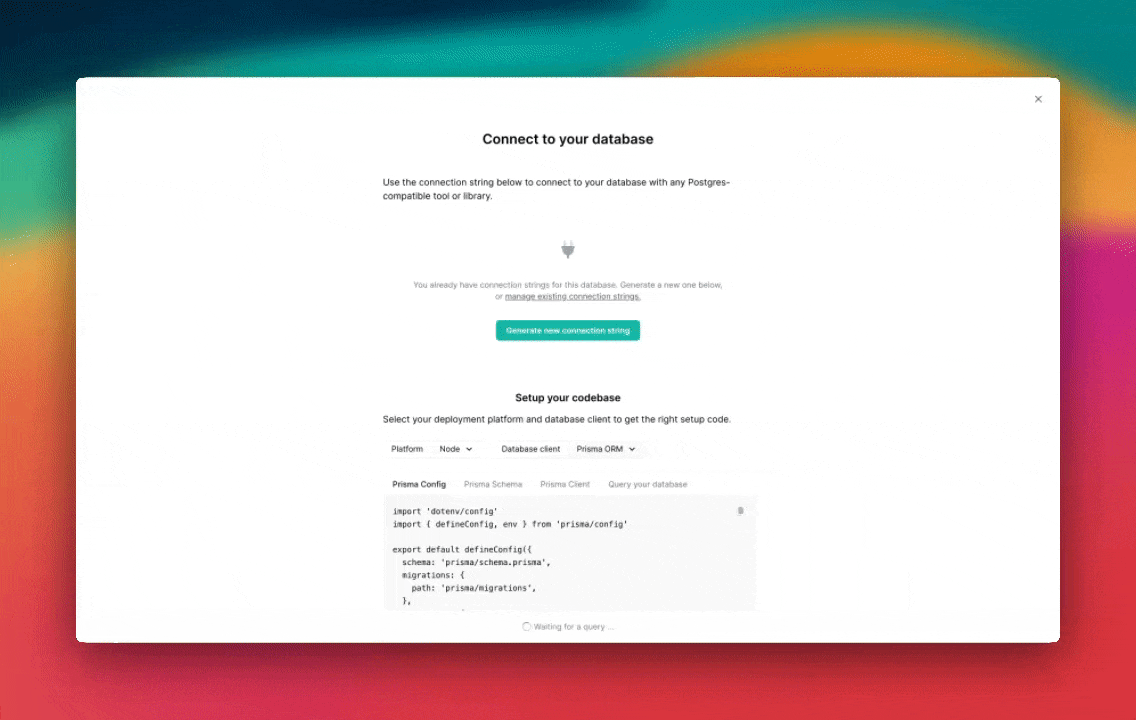 Animated walkthrough of generating a connection string in Prisma Console: navigating to the database, clicking Connect, generating a new connection string, and copying the result.