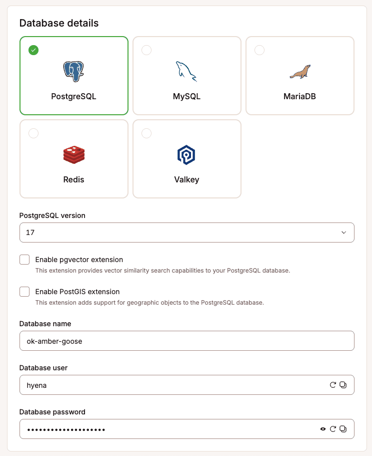Create database interface in Sevalla