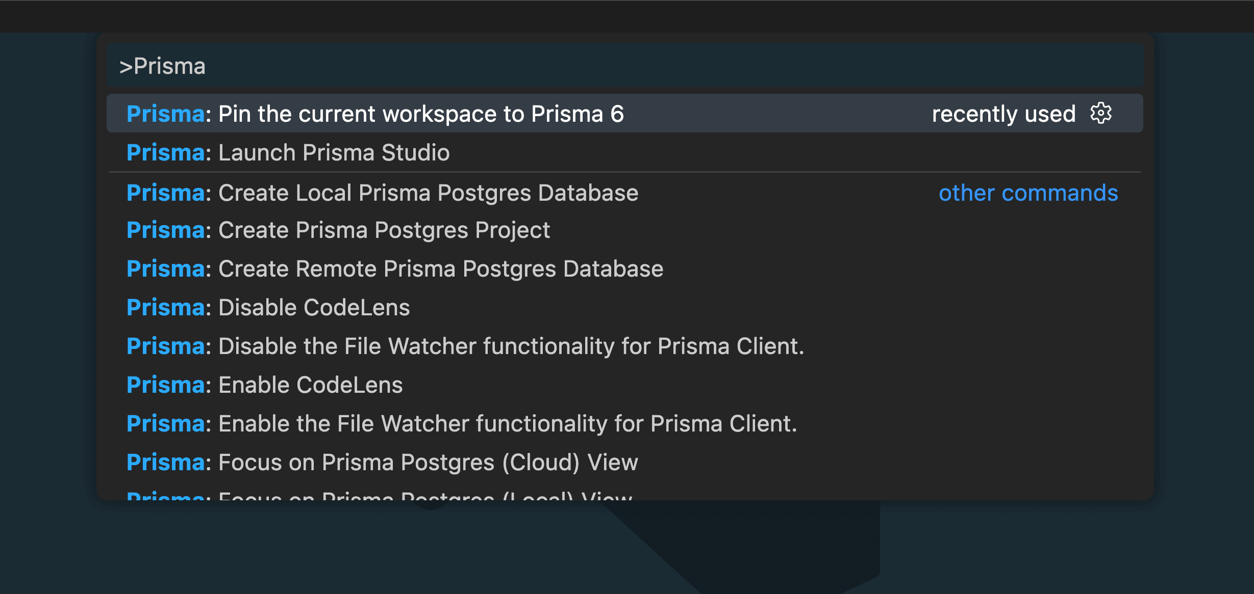 VS Code command palette showing Prisma ORM version selection between version 6 and version 7.